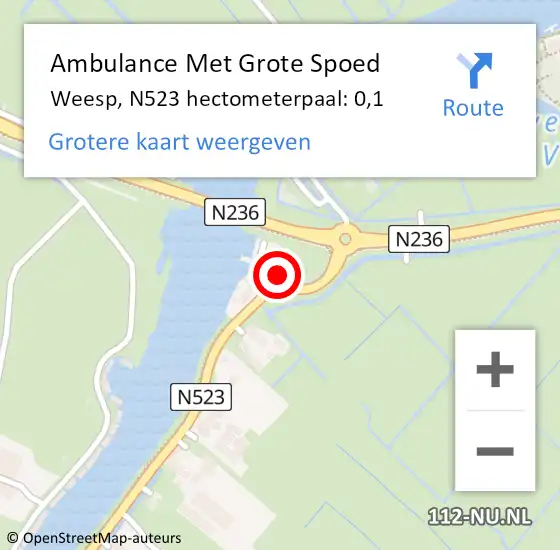 Locatie op kaart van de 112 melding: Ambulance Met Grote Spoed Naar Weesp, N523 hectometerpaal: 0,1 op 17 juli 2021 18:27