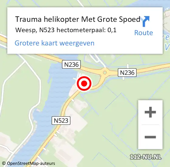 Locatie op kaart van de 112 melding: Trauma helikopter Met Grote Spoed Naar Weesp, N523 hectometerpaal: 0,1 op 17 juli 2021 18:28