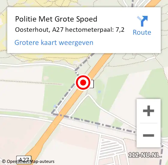 Locatie op kaart van de 112 melding: Politie Met Grote Spoed Naar Oosterhout, A27 hectometerpaal: 7,2 op 17 juli 2021 20:04