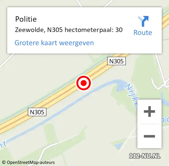 Locatie op kaart van de 112 melding: Politie Zeewolde, N305 hectometerpaal: 30 op 17 juli 2021 21:03