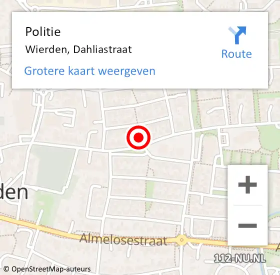 Locatie op kaart van de 112 melding: Politie Wierden, Dahliastraat op 18 juli 2021 11:00