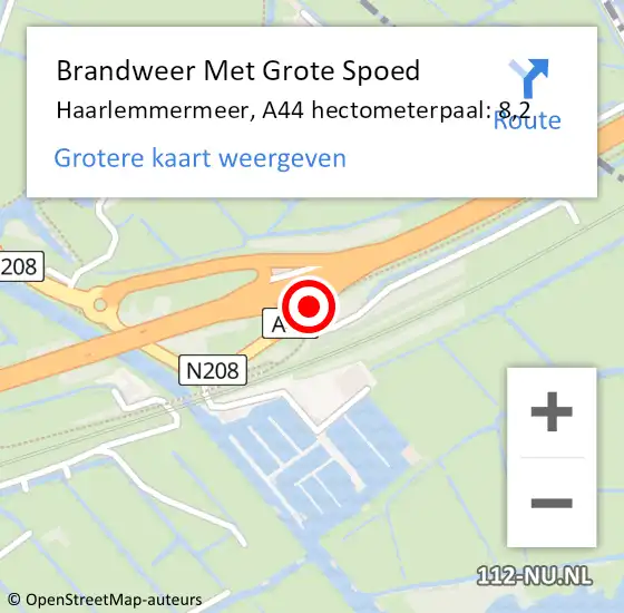 Locatie op kaart van de 112 melding: Brandweer Met Grote Spoed Naar Haarlemmermeer, A44 hectometerpaal: 8,2 op 18 juli 2021 11:33