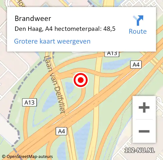 Locatie op kaart van de 112 melding: Brandweer Den Haag, A4 hectometerpaal: 48,5 op 18 juli 2021 13:31