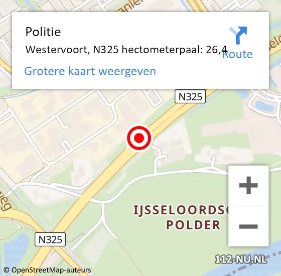 Locatie op kaart van de 112 melding: Politie Westervoort, N325 hectometerpaal: 26,4 op 18 juli 2021 14:34