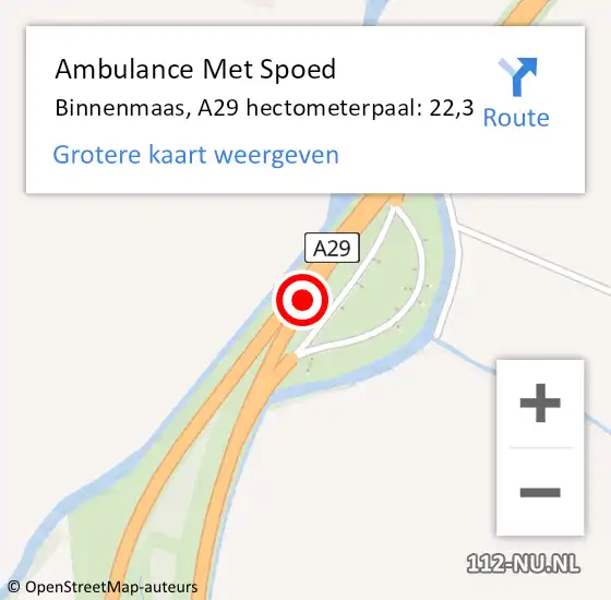 Locatie op kaart van de 112 melding: Ambulance Met Spoed Naar Binnenmaas, A29 hectometerpaal: 22,3 op 18 juli 2021 15:47