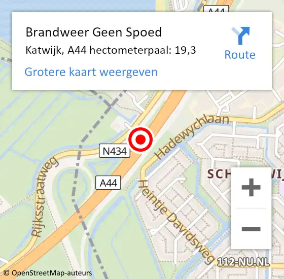 Locatie op kaart van de 112 melding: Brandweer Geen Spoed Naar Katwijk, A44 hectometerpaal: 19,3 op 18 juli 2021 18:53