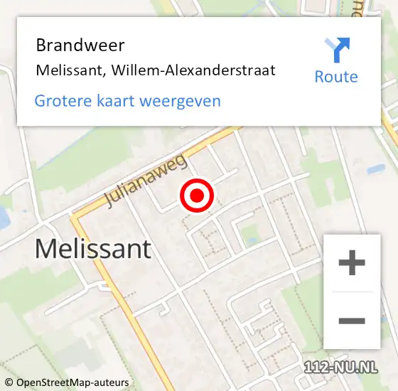 Locatie op kaart van de 112 melding: Brandweer Melissant, Willem-Alexanderstraat op 18 juli 2021 20:01