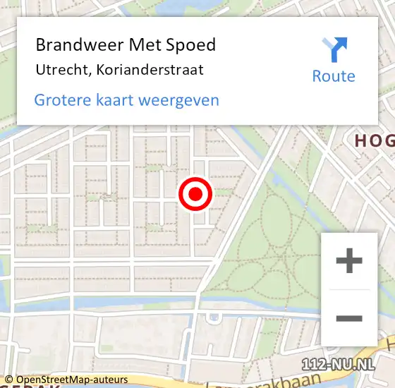 Locatie op kaart van de 112 melding: Brandweer Met Spoed Naar Utrecht, Korianderstraat op 18 juli 2021 20:22