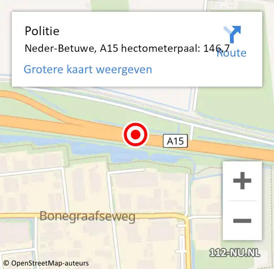 Locatie op kaart van de 112 melding: Politie Neder-Betuwe, A15 hectometerpaal: 146,7 op 18 juli 2021 20:47