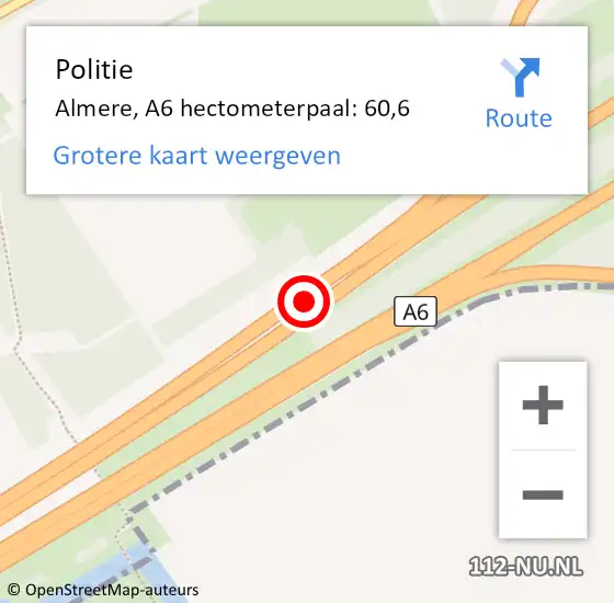 Locatie op kaart van de 112 melding: Politie Almere, A6 hectometerpaal: 60,6 op 19 juli 2021 06:49