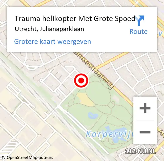 Locatie op kaart van de 112 melding: Trauma helikopter Met Grote Spoed Naar Utrecht, Julianaparklaan op 19 juli 2021 11:57