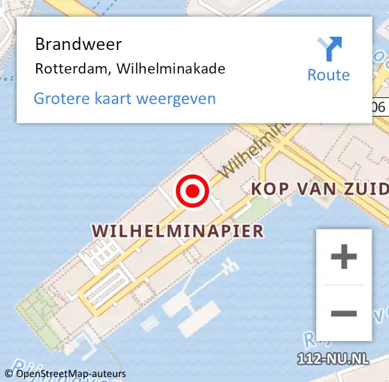 Locatie op kaart van de 112 melding: Brandweer Rotterdam, Wilhelminakade op 19 juli 2021 12:04