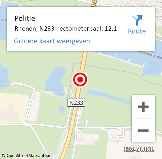 Locatie op kaart van de 112 melding: Politie Rhenen, N233 hectometerpaal: 12,1 op 19 juli 2021 12:46