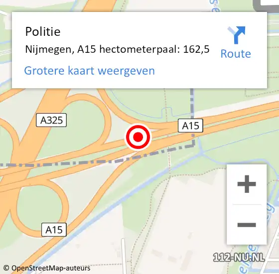 Locatie op kaart van de 112 melding: Politie Nijmegen, A15 hectometerpaal: 162,5 op 19 juli 2021 14:07