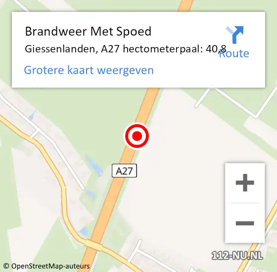 Locatie op kaart van de 112 melding: Brandweer Met Spoed Naar Giessenlanden, A27 hectometerpaal: 40,8 op 19 juli 2021 17:45