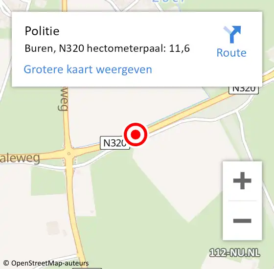 Locatie op kaart van de 112 melding: Politie Buren, N320 hectometerpaal: 11,6 op 19 juli 2021 18:45