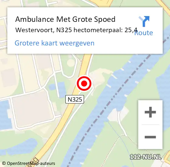 Locatie op kaart van de 112 melding: Ambulance Met Grote Spoed Naar Westervoort, N325 hectometerpaal: 25,4 op 19 juli 2021 18:46