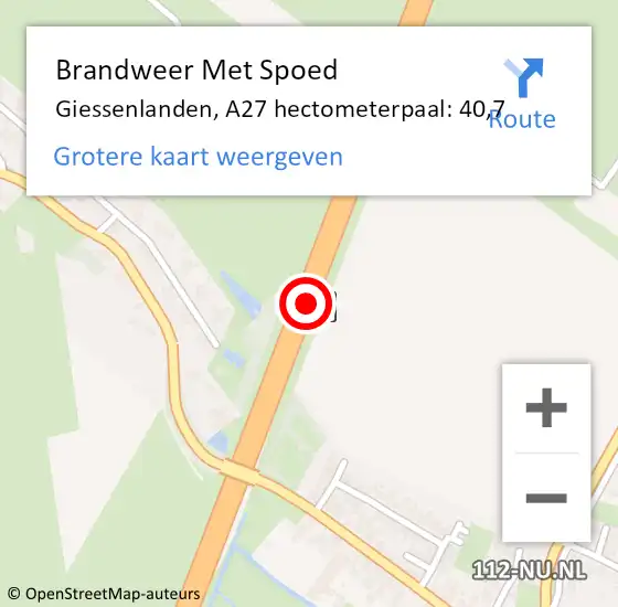 Locatie op kaart van de 112 melding: Brandweer Met Spoed Naar Giessenlanden, A27 hectometerpaal: 40,7 op 19 juli 2021 19:59