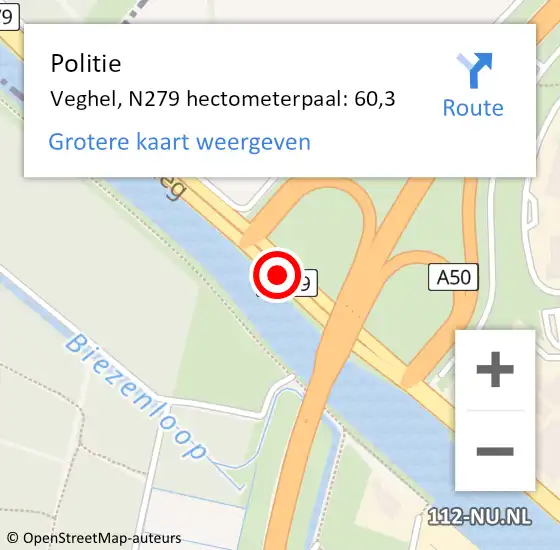Locatie op kaart van de 112 melding: Politie Veghel, N279 hectometerpaal: 60,3 op 19 juli 2021 20:40