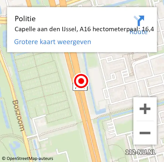 Locatie op kaart van de 112 melding: Politie Rotterdam, A16 hectometerpaal: 16,4 op 19 juli 2021 20:41