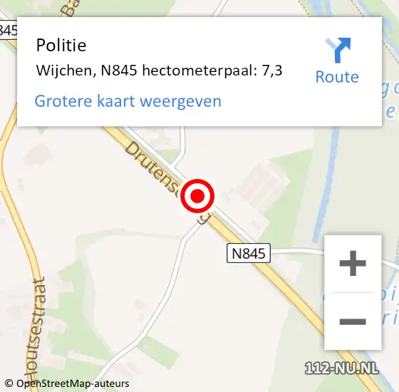 Locatie op kaart van de 112 melding: Politie Wijchen, N845 hectometerpaal: 7,3 op 20 juli 2021 01:17