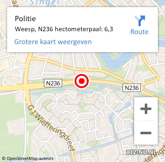 Locatie op kaart van de 112 melding: Politie Weesp, N236 hectometerpaal: 6,3 op 20 juli 2021 09:09