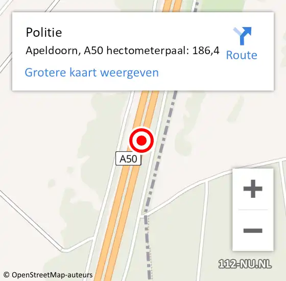 Locatie op kaart van de 112 melding: Politie Apeldoorn, A50 hectometerpaal: 186,4 op 20 juli 2021 09:30