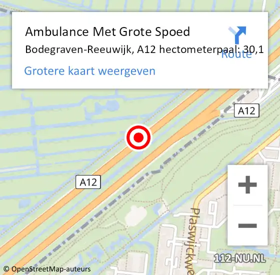 Locatie op kaart van de 112 melding: Ambulance Met Grote Spoed Naar Bodegraven-Reeuwijk, A12 hectometerpaal: 30,1 op 20 juli 2021 12:41