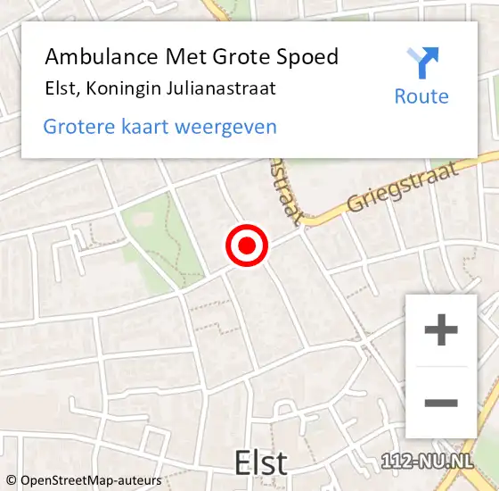 Locatie op kaart van de 112 melding: Ambulance Met Grote Spoed Naar Elst, Koningin Julianastraat op 20 juli 2021 13:05