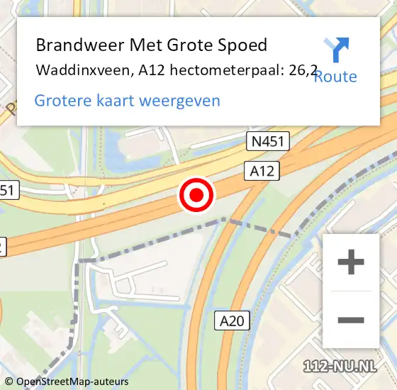 Locatie op kaart van de 112 melding: Brandweer Met Grote Spoed Naar Waddinxveen, A12 hectometerpaal: 26,2 op 20 juli 2021 15:25