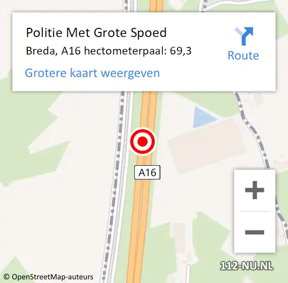 Locatie op kaart van de 112 melding: Politie Met Grote Spoed Naar Breda, A16 hectometerpaal: 69,3 op 20 juli 2021 15:28