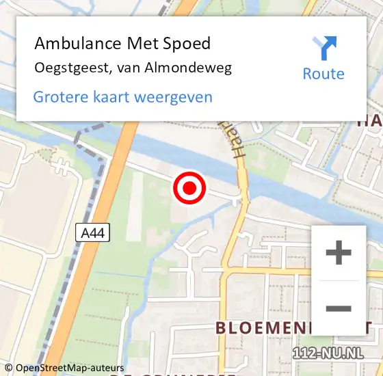 Locatie op kaart van de 112 melding: Ambulance Met Spoed Naar Oegstgeest, van Almondeweg op 20 juli 2021 16:27