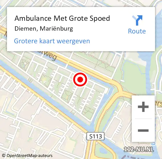 Locatie op kaart van de 112 melding: Ambulance Met Grote Spoed Naar Diemen, Mariënburg op 20 juli 2021 16:32