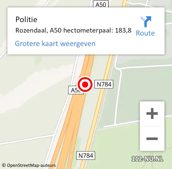 Locatie op kaart van de 112 melding: Politie Rozendaal, A50 hectometerpaal: 183,8 op 20 juli 2021 16:39