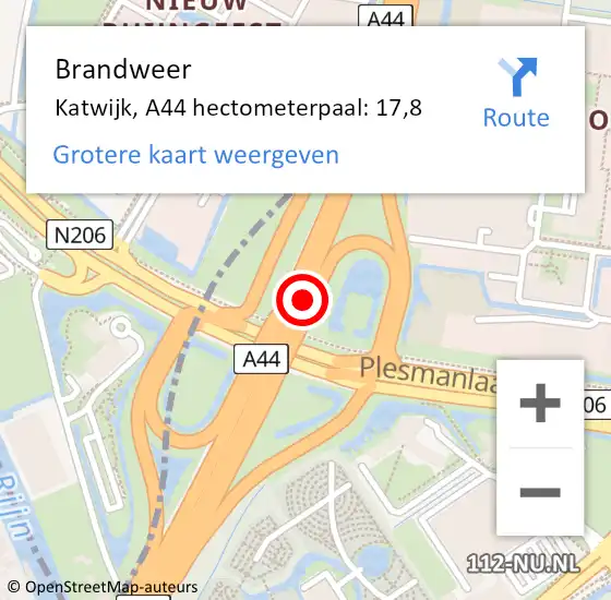 Locatie op kaart van de 112 melding: Brandweer Katwijk, A44 hectometerpaal: 17,8 op 20 juli 2021 17:01