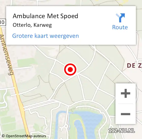 Locatie op kaart van de 112 melding: Ambulance Met Spoed Naar Otterlo, Karweg op 20 juli 2021 19:58