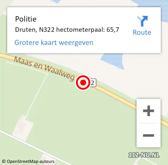 Locatie op kaart van de 112 melding: Politie Druten, N322 hectometerpaal: 65,7 op 20 juli 2021 21:26