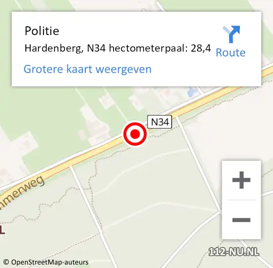 Locatie op kaart van de 112 melding: Politie Hardenberg, N34 hectometerpaal: 28,4 op 20 juli 2021 21:27