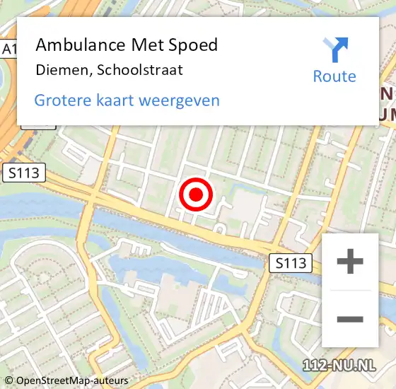 Locatie op kaart van de 112 melding: Ambulance Met Spoed Naar Diemen, Schoolstraat op 20 juli 2021 21:31