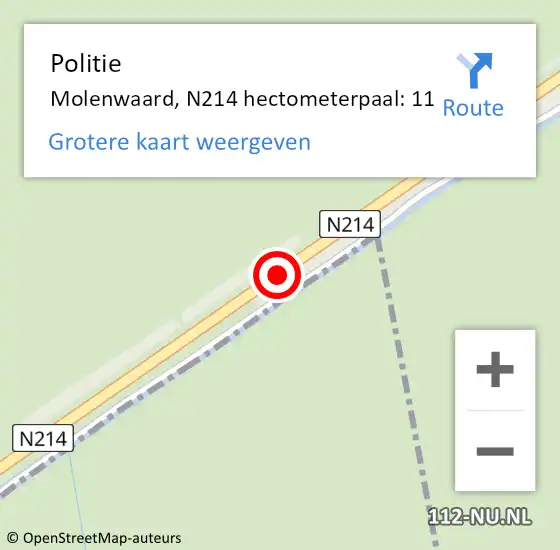 Locatie op kaart van de 112 melding: Politie Molenwaard, N214 hectometerpaal: 11 op 21 juli 2021 09:44