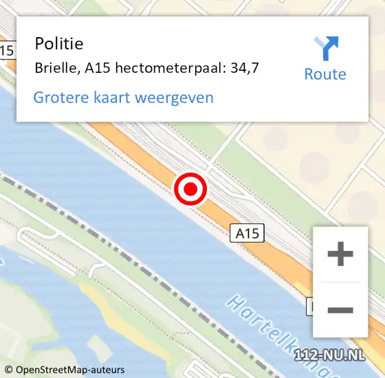 Locatie op kaart van de 112 melding: Politie Brielle, A15 hectometerpaal: 34,7 op 21 juli 2021 12:23