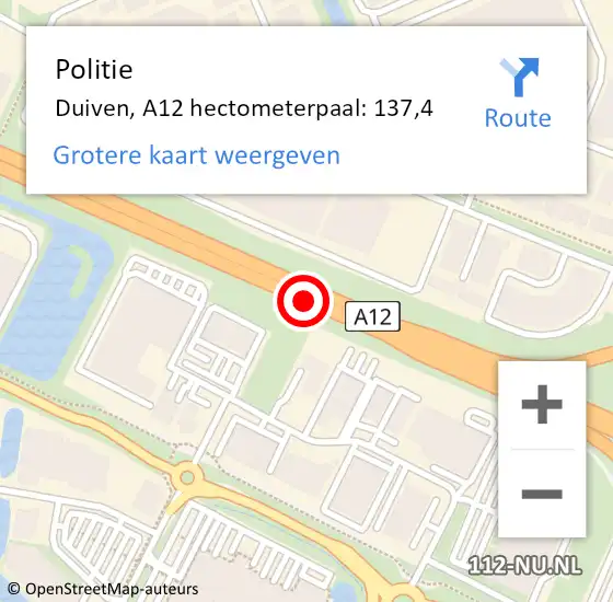 Locatie op kaart van de 112 melding: Politie Duiven, A12 hectometerpaal: 137,4 op 21 juli 2021 12:57