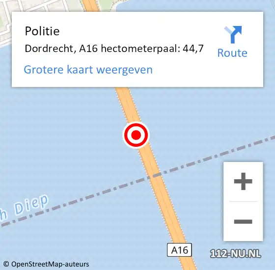 Locatie op kaart van de 112 melding: Politie Dordrecht, A16 hectometerpaal: 44,7 op 21 juli 2021 13:14