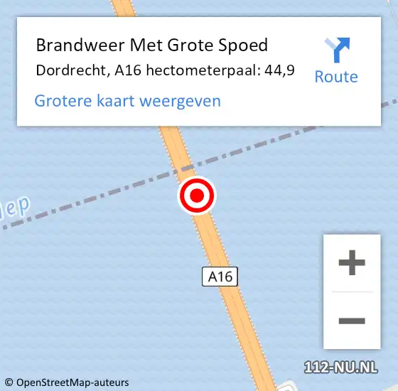Locatie op kaart van de 112 melding: Brandweer Met Grote Spoed Naar Dordrecht, A16 hectometerpaal: 44,9 op 21 juli 2021 13:14