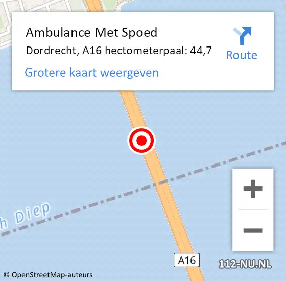 Locatie op kaart van de 112 melding: Ambulance Met Spoed Naar Dordrecht, A16 hectometerpaal: 44,7 op 21 juli 2021 13:16