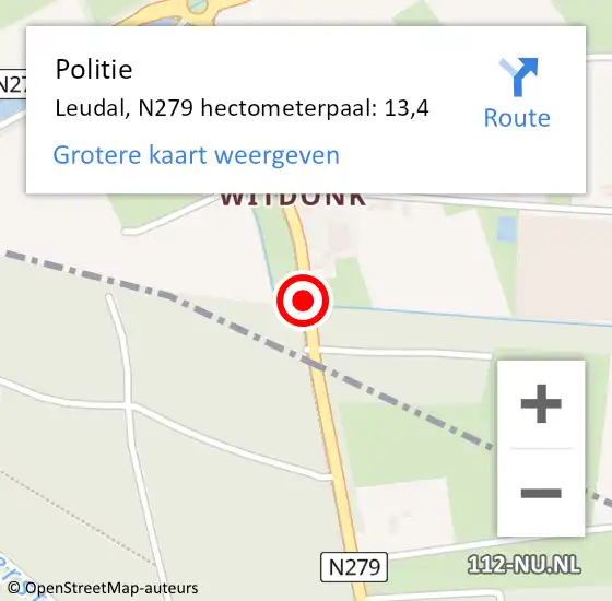 Locatie op kaart van de 112 melding: Politie Leudal, N279 hectometerpaal: 13,4 op 21 juli 2021 14:48