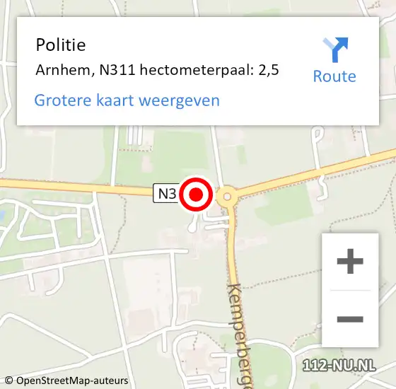 Locatie op kaart van de 112 melding: Politie Arnhem, N311 hectometerpaal: 2,5 op 21 juli 2021 14:58