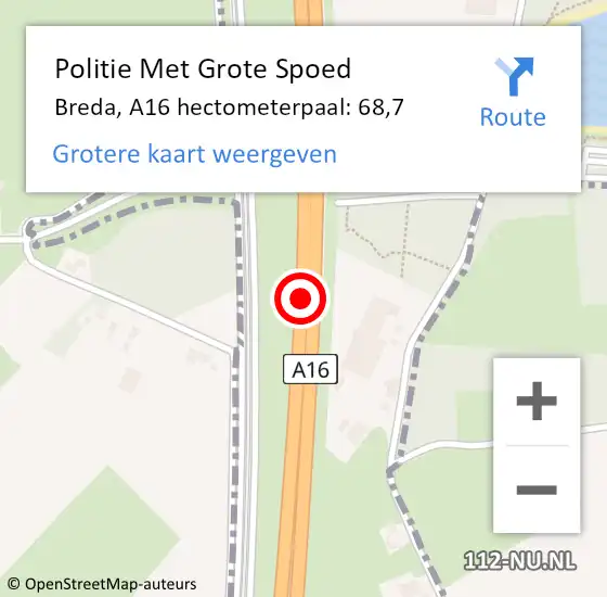 Locatie op kaart van de 112 melding: Politie Met Grote Spoed Naar Breda, A16 hectometerpaal: 68,7 op 21 juli 2021 16:08