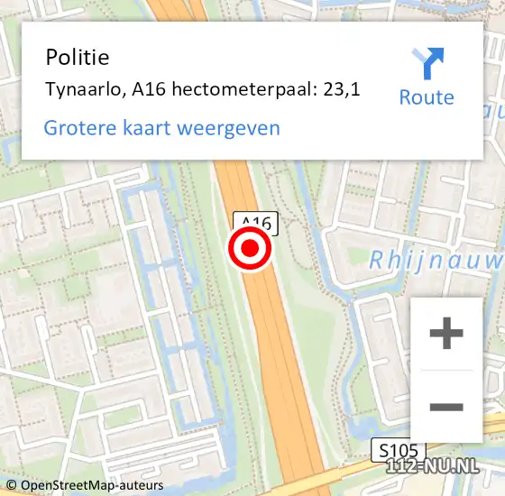 Locatie op kaart van de 112 melding: Politie Tynaarlo, A16 hectometerpaal: 23,1 op 21 juli 2021 16:27