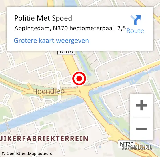 Locatie op kaart van de 112 melding: Politie Met Spoed Naar Appingedam, N370 hectometerpaal: 2,5 op 21 juli 2021 17:05